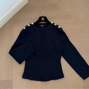 Authentic Chanel Dark Blue Sweater with Gold Buttons